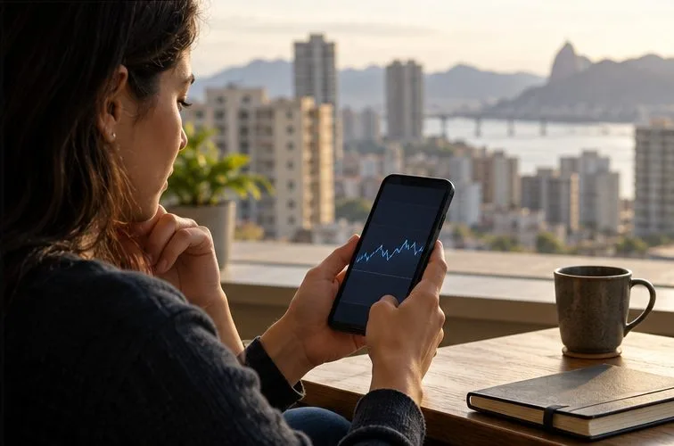 Pessoa observa com calma um gráfico no celular diante de uma janela com vista urbana