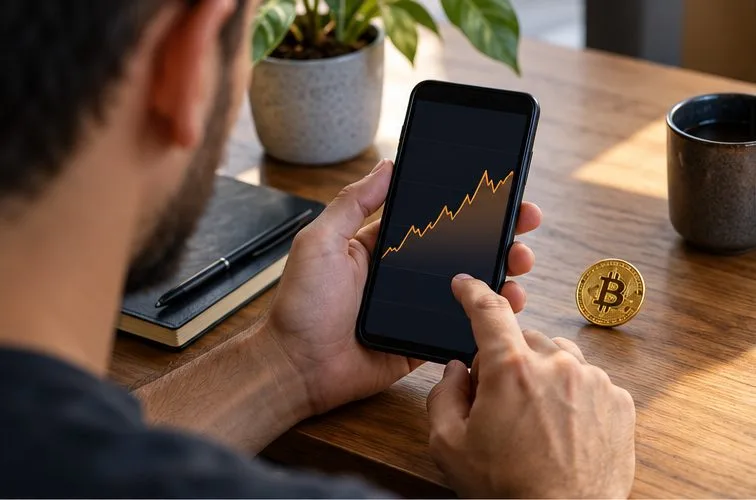 Pessoa consulta no celular um gráfico de preço ao lado de uma moeda física com o símbolo do Bitcoin