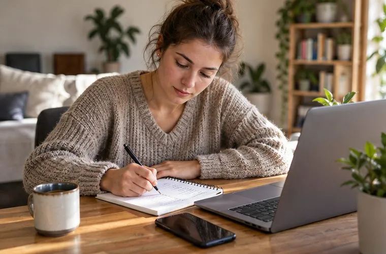 Eine Frau notiert eine Einkaufsliste in einem Notizbuch; daneben stehen ein geöffneter Laptop und ein Smartphone.