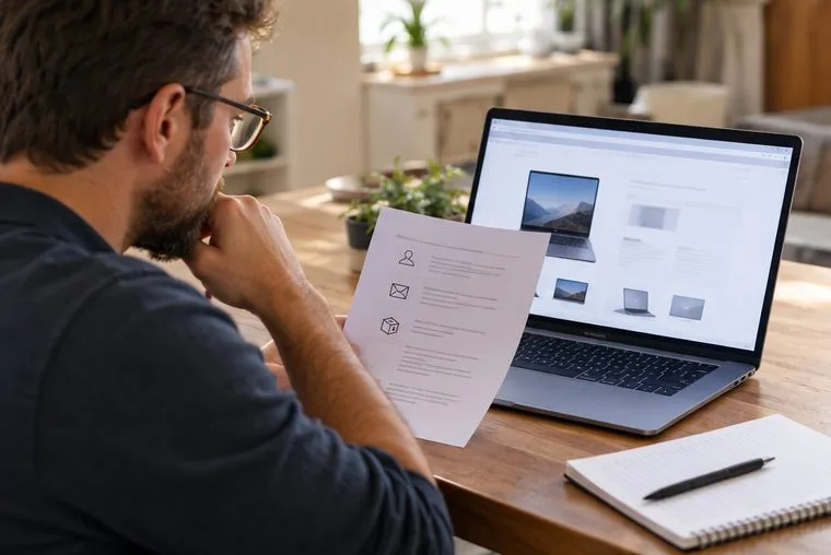 Ein Mann betrachtet einen Online-Shop auf dem Laptop und prüft dazu ein ausgedrucktes Informationsblatt.