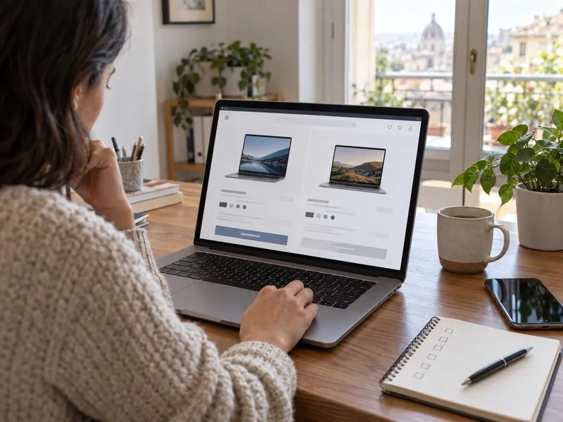 Una persona confronta due notebook su una pagina di acquisto online; accanto al computer ci sono uno smartphone e un taccuino aperto.