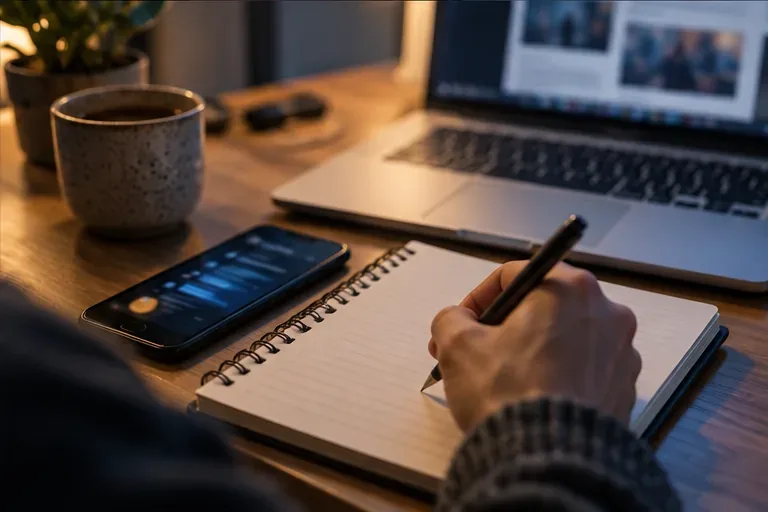 Osoba zapisuje notatkę w zeszycie obok telefonu i laptopa