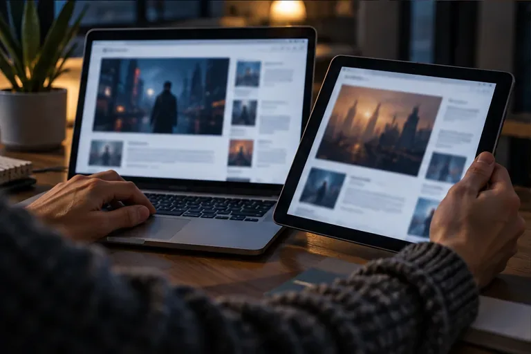 Czytelnik porównuje rozmyte strony na laptopie i tablecie