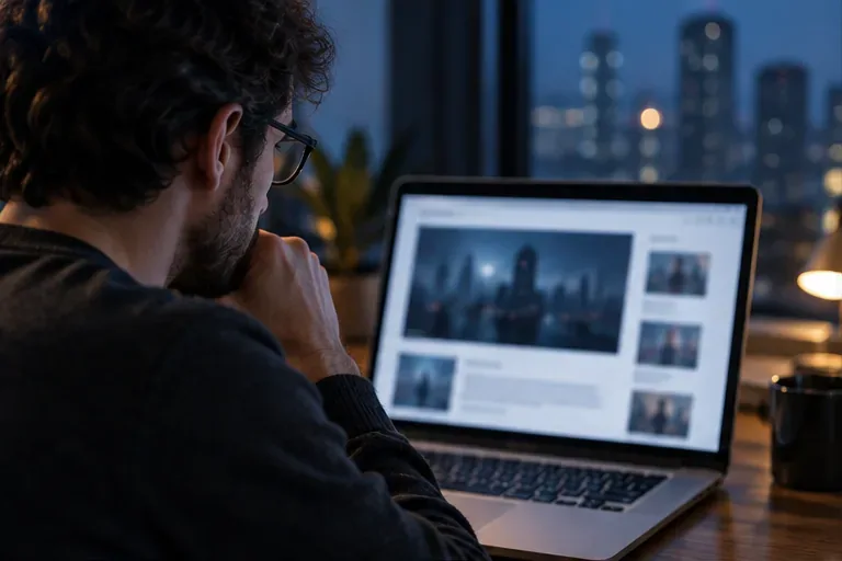 Widz siedzi przy laptopie z rozmytą stroną rozrywkową na ekranie