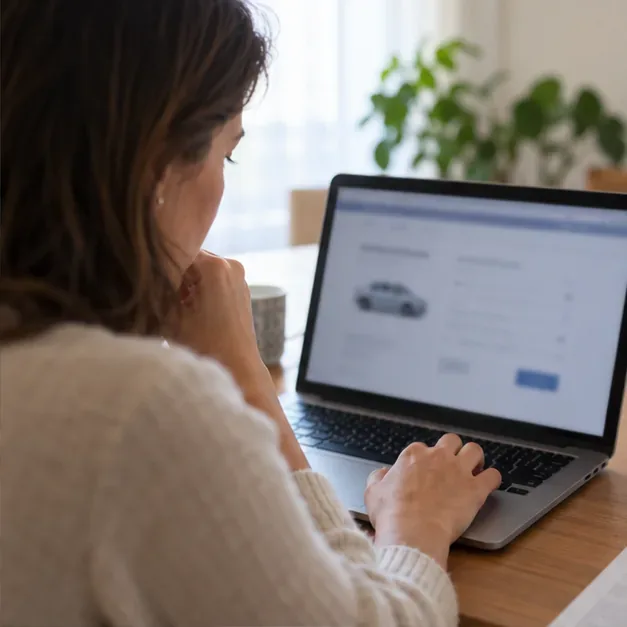 Una automobilista consulta al computer informazioni online relative al proprio veicolo