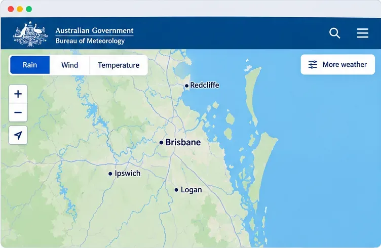 BOM weather map centered on Brisbane, showing Rain selected and nearby labels for Ipswich, Logan, and Redcliffe.