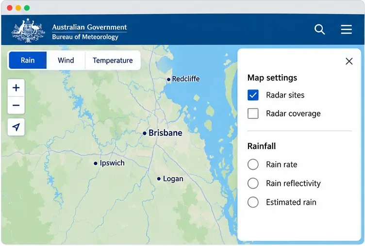 BOM map settings panel with Radar sites enabled and options for rain rate, rain reflectivity, and estimated rain.