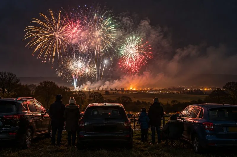 People stand beside parked cars in an open field and watch colorful fireworks above the dark countryside.