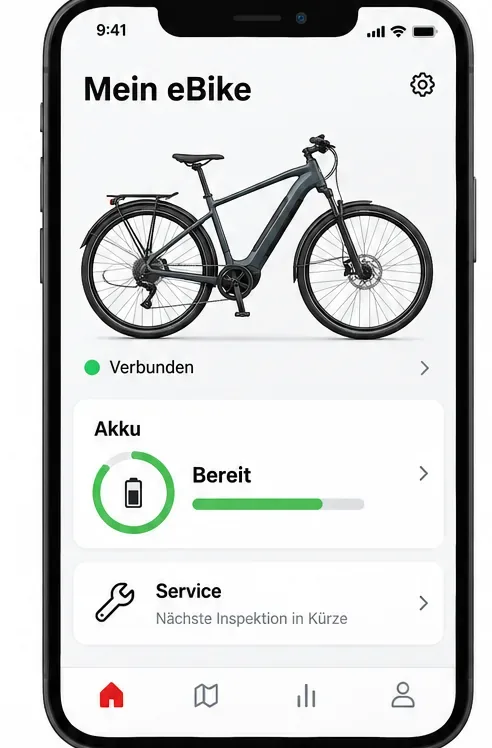 Schematische Smartphone-Ansicht mit eBike, Verbindungsstatus, Akku-Karte und Service-Eintrag.