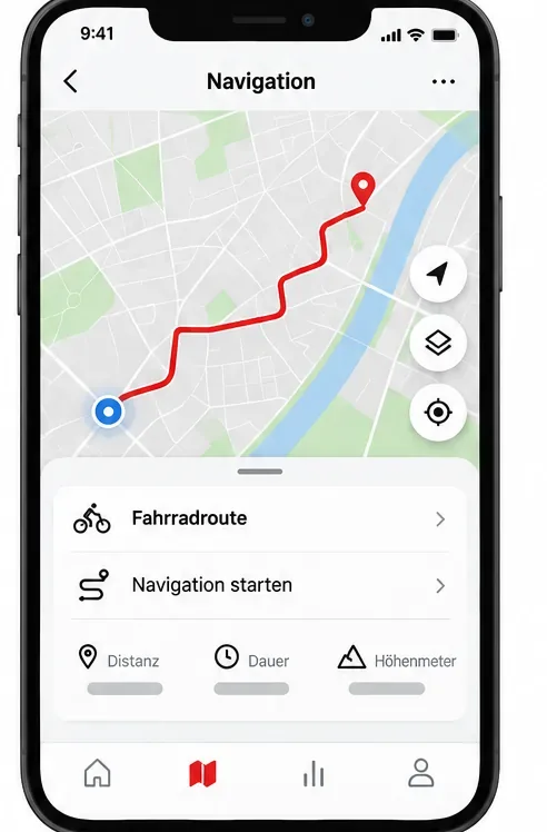 Schematische Navigationsansicht mit Kartenroute, Fahrradweg und Routenübersicht.