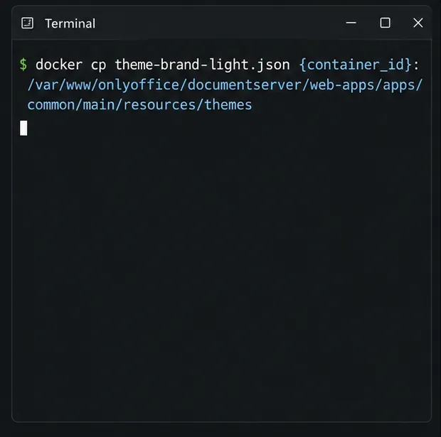 Um comando de terminal que copia o arquivo acme-brand-light.json para o diretório de temas do ONLYOFFICE Docs dentro de um contêiner.