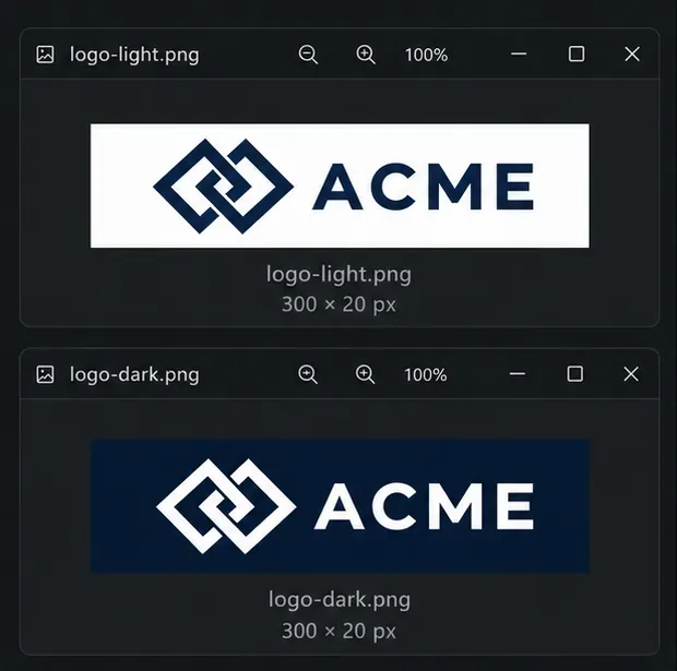 Dois logotipos horizontais, um para cabeçalho claro e outro para cabeçalho escuro, cada um com 300 por 20 pixels.