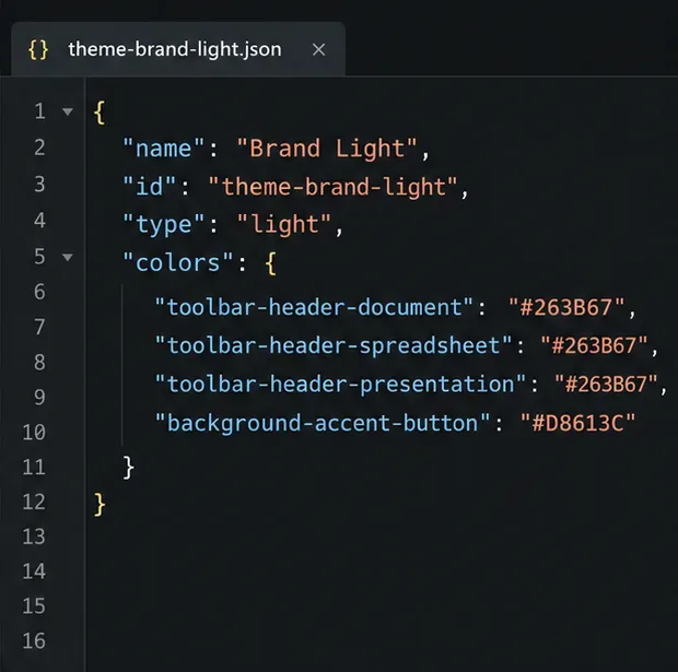 Um editor de código exibindo um arquivo JSON do tema Brand Light com cabeçalhos de editor em tom índigo e uma cor de destaque em coral.