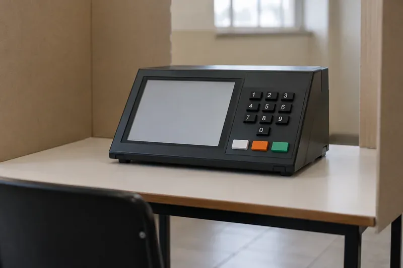 A dark electronic voting terminal with a numeric keypad sits on a table in a quiet polling booth.
