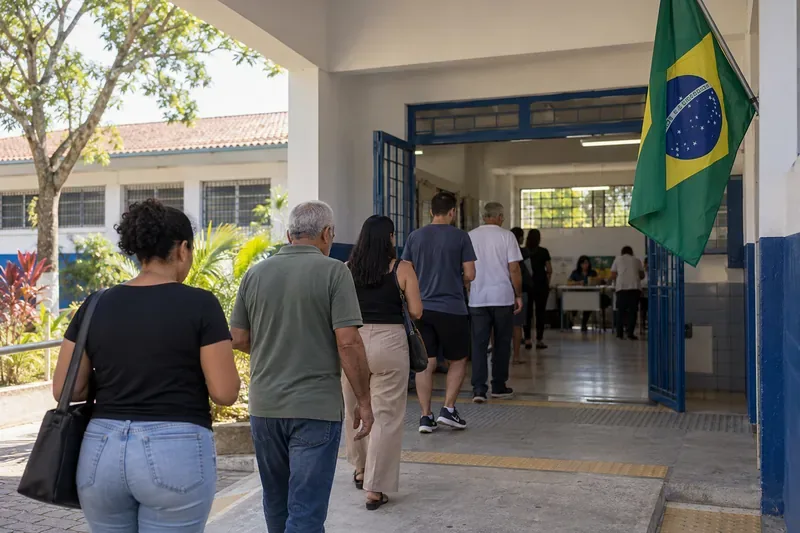 Kiezers lopen een schoolgebouw binnen dat als stemlokaal dient; naast de ingang hangt de Braziliaanse vlag.