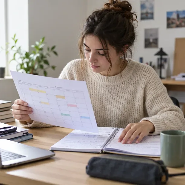 Une candidate consulte un calendrier imprimé et son cahier à son bureau pour repérer les dates d’examen.