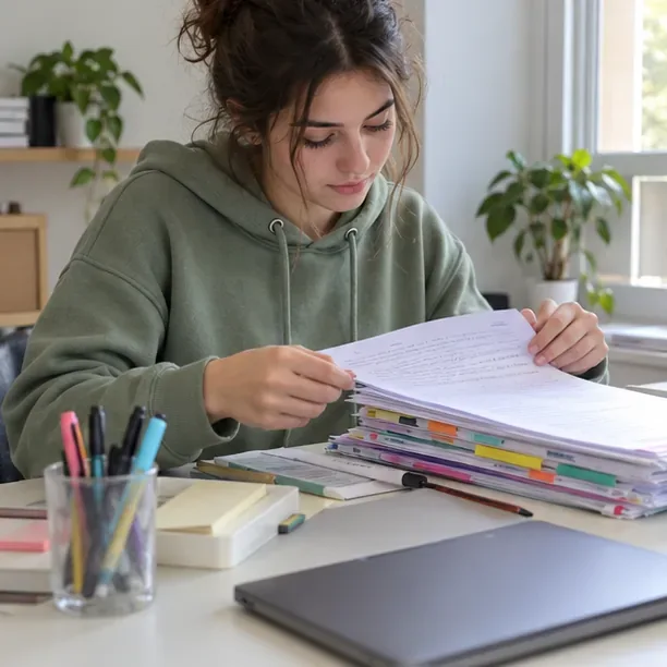 Une candidate relit des fiches de cours classées et prépare ses affaires pour une prochaine séance de révision.