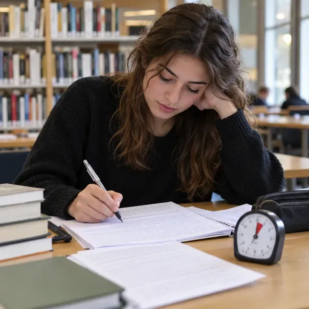 Une candidate rédige un devoir d’entraînement à la bibliothèque avec un minuteur posé près de ses feuilles.