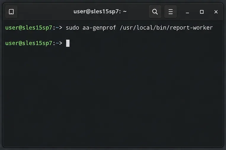 Terminal prompt starting aa-genprof for the example executable at /usr/local/bin/report-worker.