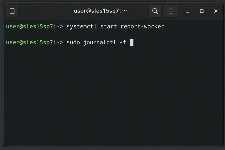 Due comandi da terminale per avviare il servizio report-worker di esempio e visualizzare i log di sistema.