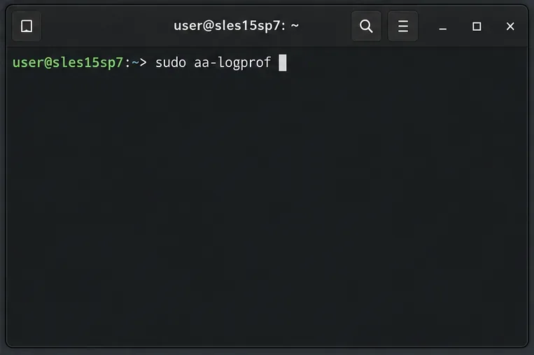 Richiesta del terminale che richiama aa-logprof per esaminare gli eventi di accesso di AppArmor.