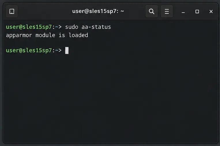 Prompt del terminale con il comando aa-status in esecuzione su una shell in stile SUSE Linux Enterprise Server 15 SP7.
