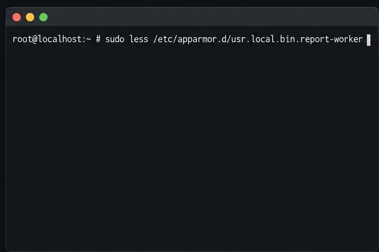 Terminal prompt opening the generated report-worker profile from /etc/apparmor.d.