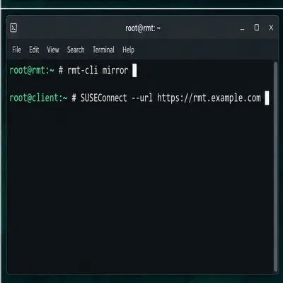 أوامر طرفية لنسخ مستودعات RMT وتسجيل عميل SLES مع SUSEConnect