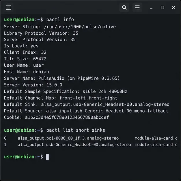 Terminal Debian care afișează informații despre pactl și identifică PipeWire, iar pactl listează scurte receptori cu nume de difuzoare și căști