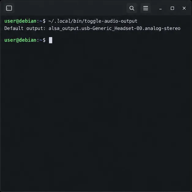 Terminal Debian care afișează scriptul de comutare care selectează căștile USB ca ieșire implicită