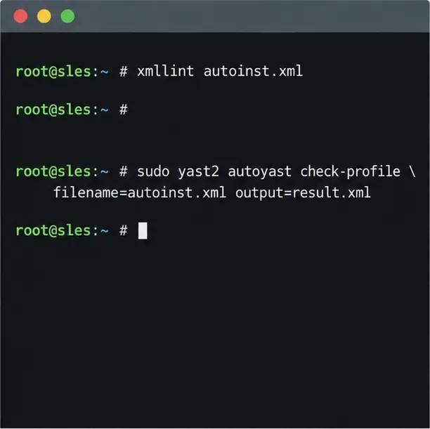 Illustrative terminal showing xmllint and yast2 autoyast check-profile commands