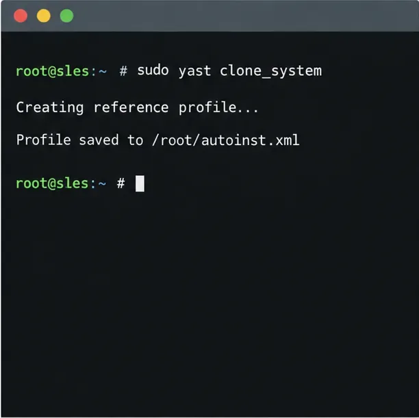 Illustrative SLES terminal showing yast clone_system creating a profile at /root/autoinst.xml
