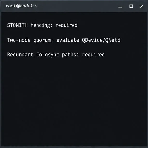 قائمة التحقق الطرفية التي تنص على ضرورة وجود STONITH ومسارات Corosync الاحتياطية، ويجب تقييم QDevice أو QNetd لعقدتين.