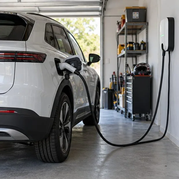 A used electric car is connected by cable to a wall-mounted home charger in a garage.