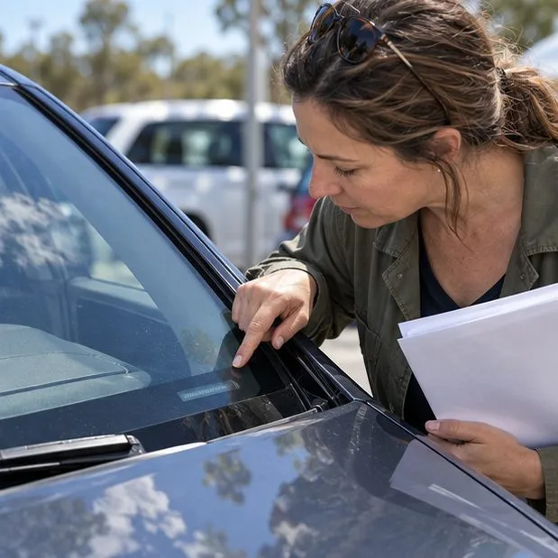 A buyer points to the VIN area at a car’s windshield while holding vehicle paperwork.