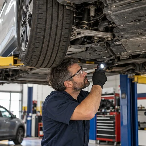 A mechanic inspects the tire and underbody of a vehicle raised on a workshop lift.