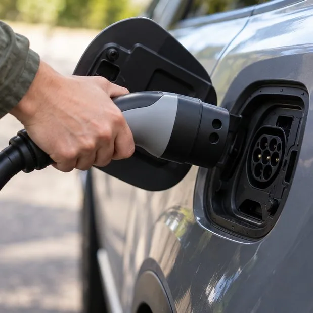 A charging connector is aligned with the open charging port of a gray electric car.