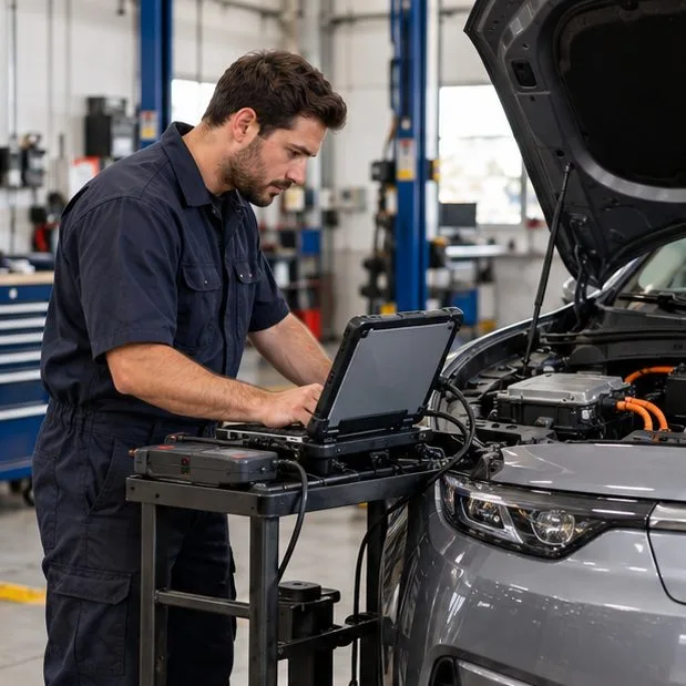 An EV technician works beside a gray car with the hood open and diagnostic equipment nearby.