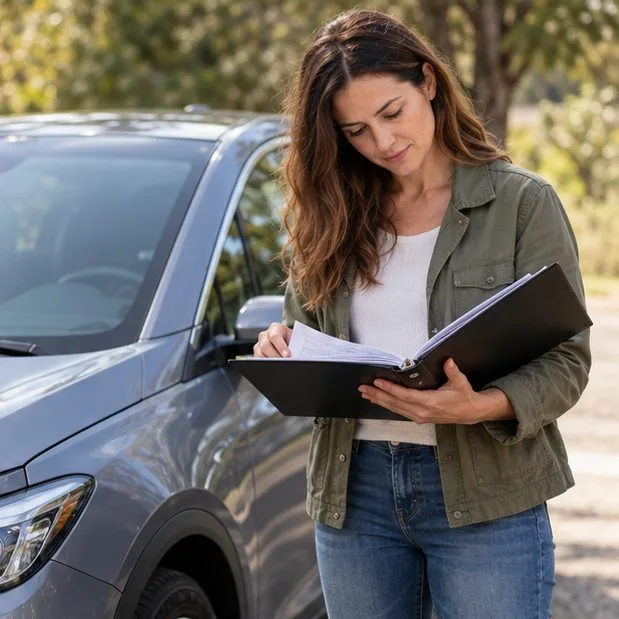 A prospective buyer reviews a service folder beside a used gray electric vehicle.