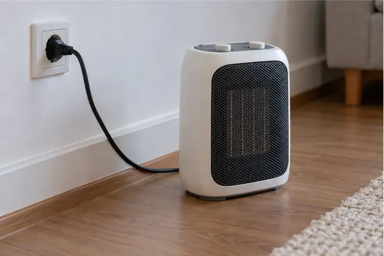 Cable de un calefactor cerámico conectado directamente a un enchufe de pared, sin regleta