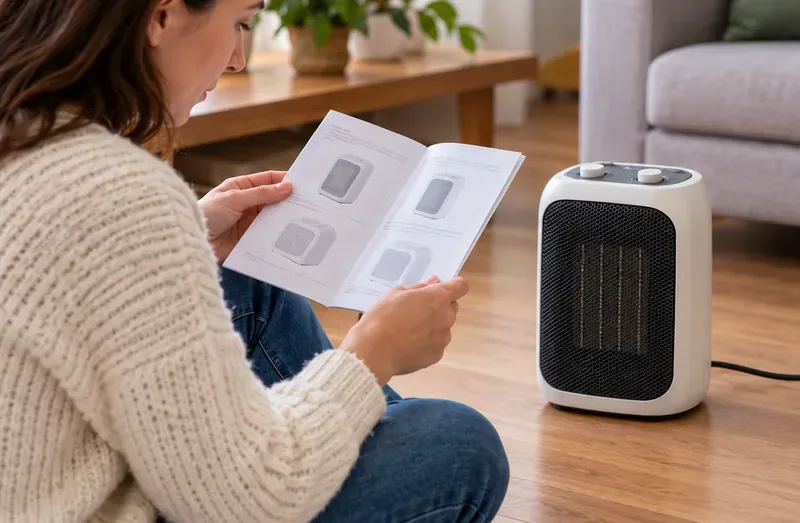 Una persona consulta un manual abierto junto a un calefactor cerámico compacto