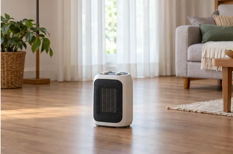 Calefactor cerámico compacto en posición vertical sobre un suelo despejado, lejos del sofá y las cortinas