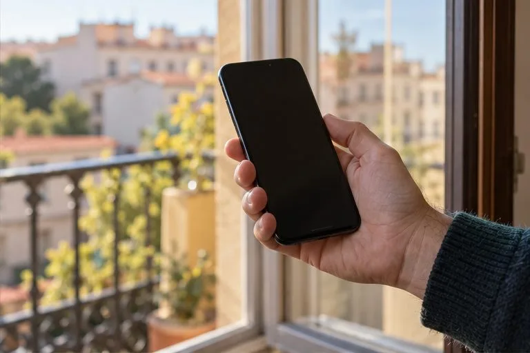 Una mano sostiene un teléfono con la pantalla apagada junto a una ventana.