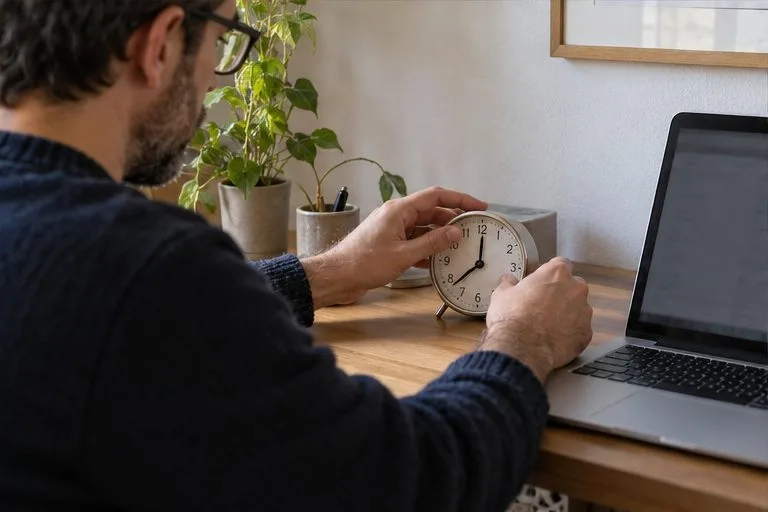 Una persona ajusta un reloj de sobremesa mientras trabaja junto a un ordenador portátil.