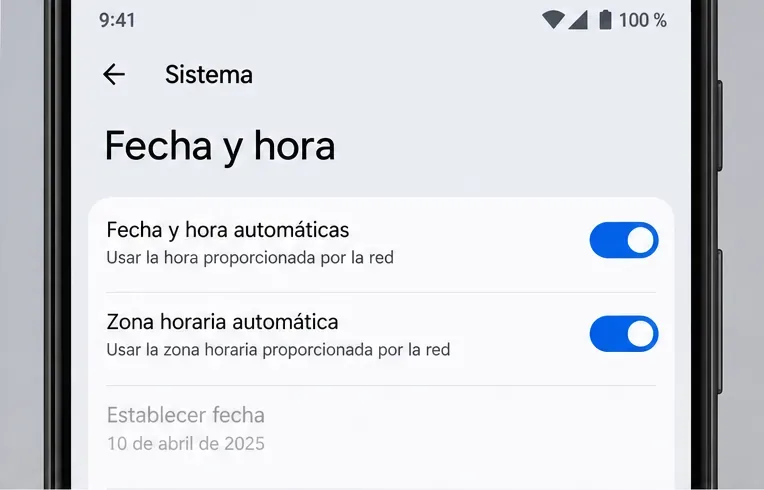 Pantalla de ajustes de Android con las opciones “Fecha y hora automáticas” y “Zona horaria automática” activadas.