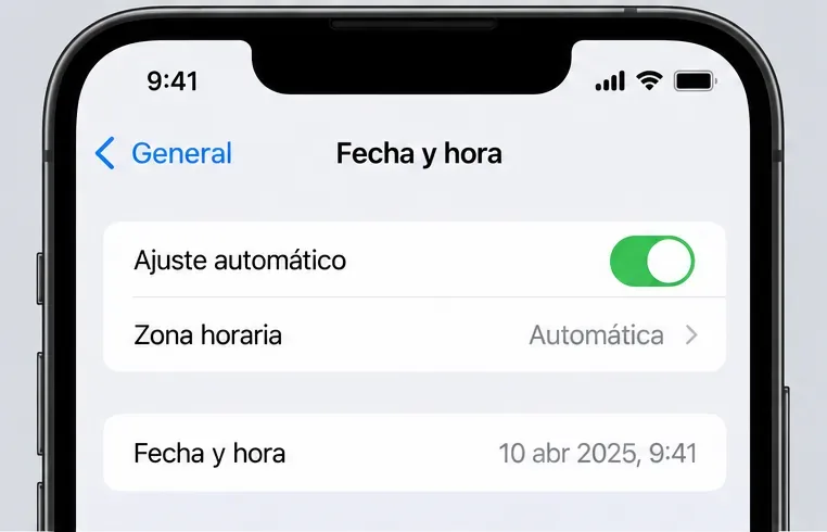 Pantalla de fecha y hora de un iPhone con el ajuste automático activado y la zona horaria en modo automático.
