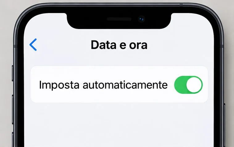 Schermata illustrativa di iPhone in Data e ora con l’opzione Imposta automaticamente attiva.