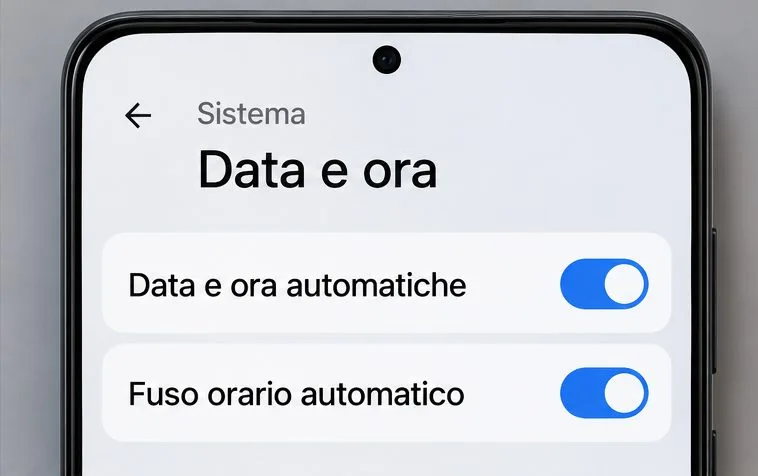 Schermata illustrativa Android con Data e ora automatiche e Fuso orario automatico attivati.