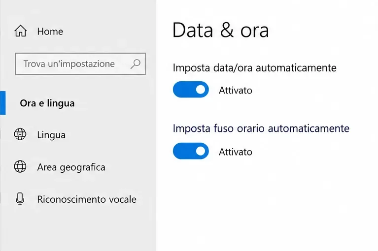 Schermata delle impostazioni Windows “Data & ora” con data e fuso orario automatici indicati come attivi.