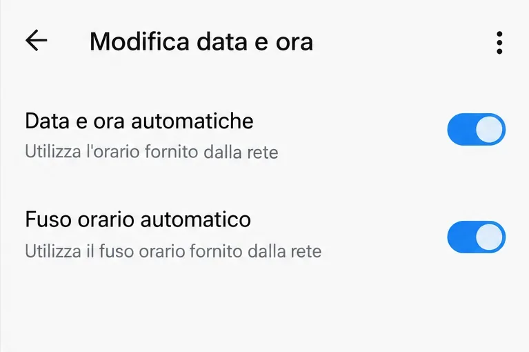 Schermata Android “Modifica data e ora” con “Data e ora automatiche” e “Fuso orario automatico” attivi.